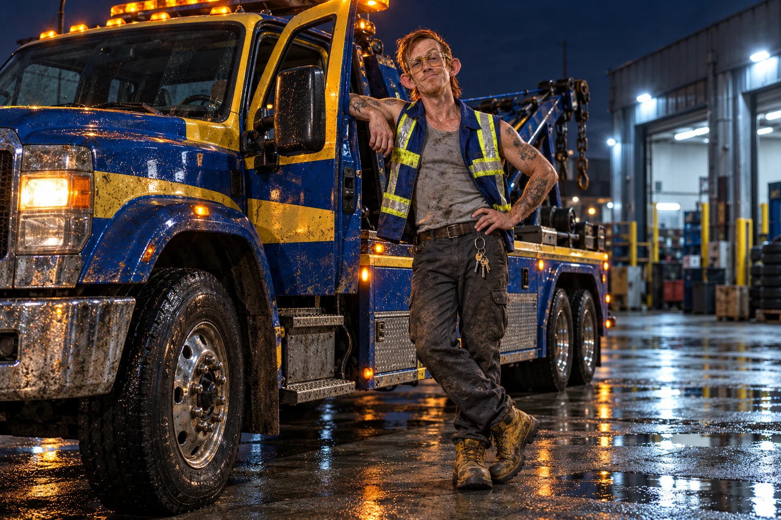 Lenny Lennox wearing yellow work glasses and a cobalt reflective vest, leaning on his blue and yellow recovery truck in a wet industrial yard at night.