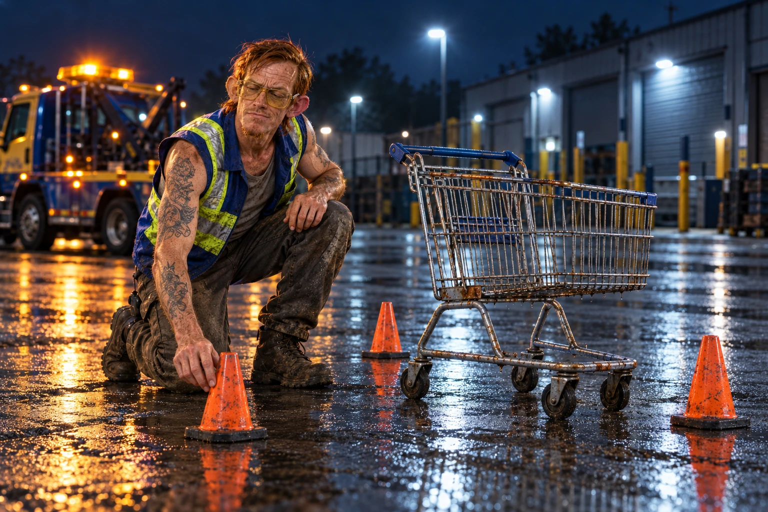 Lenny kneeling to place traffic cones around a single abandoned shopping trolley in the wet industrial yard, his recovery truck parked behind him.