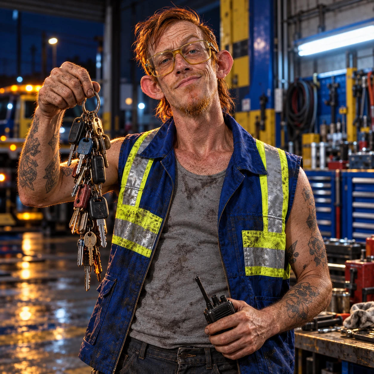 Lenny in his open workshop holding an absurdly long ring of keys and a handheld radio, wearing the same yellow work glasses and reflective vest.